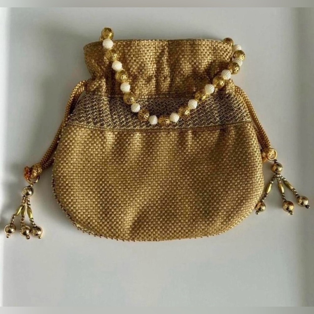 Gold  Beaded Evening Drawstring Pouch Bag